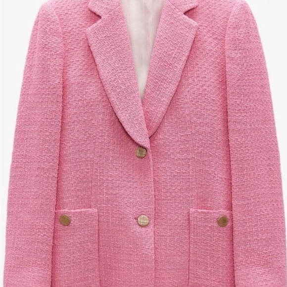 NWT-Zara Pink Tweed Women's Blazer Jacket Gold Button Detail - Picture 12 of 12